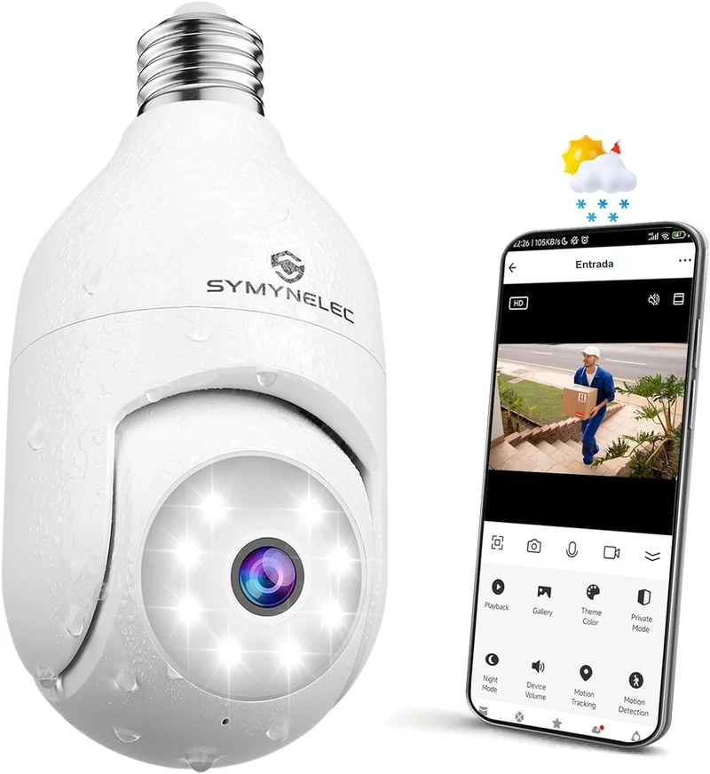 SYMYNELEC Foco con Cámara de Seguridad Exterior, 2.4GHz WiFi Inalámbrica Cámara de Vigilancia Bombilla Impermeable 360° 2K 4MP Visión Nocturna Audio Bidireccional Detección Movimiento Alerta Alexa