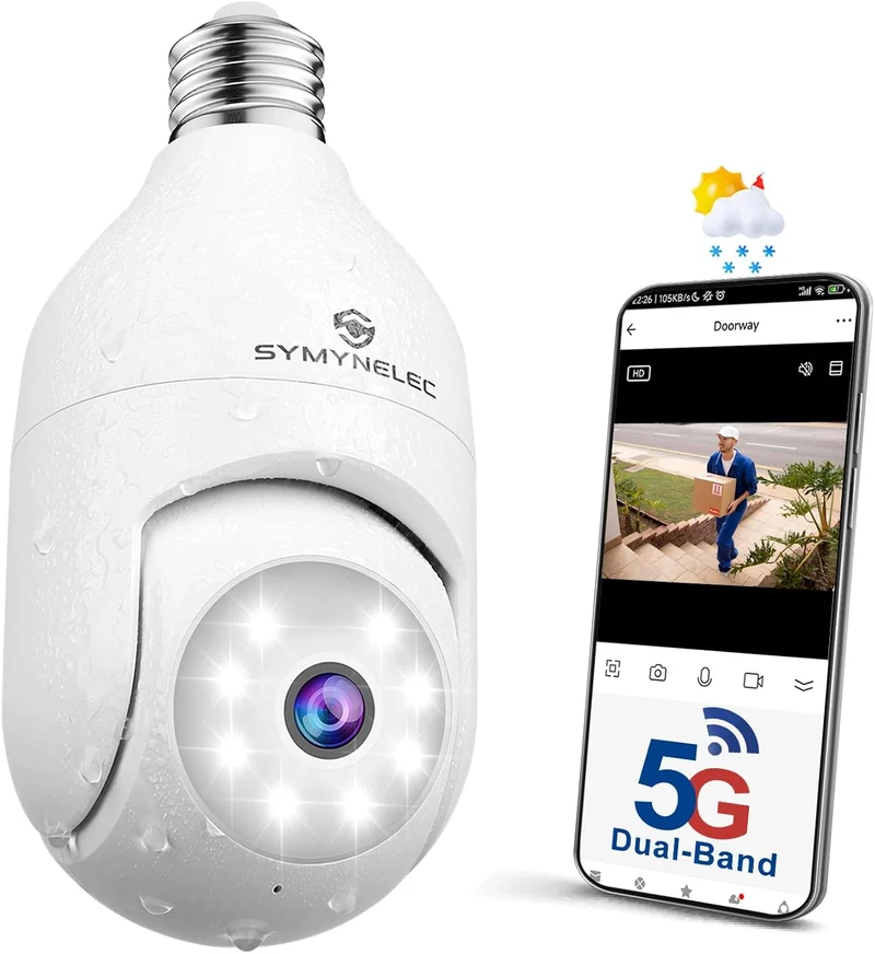 SYMYNELEC 5GHz/2.4GHz Light Bulb Security Camera Outdoor Waterproof, 5G Dual Band Wireless WiFi Light Socket Security Camera, 2K 4MP Smart Cam with Color Night Vision Human Motion Detection IP65 Alexa