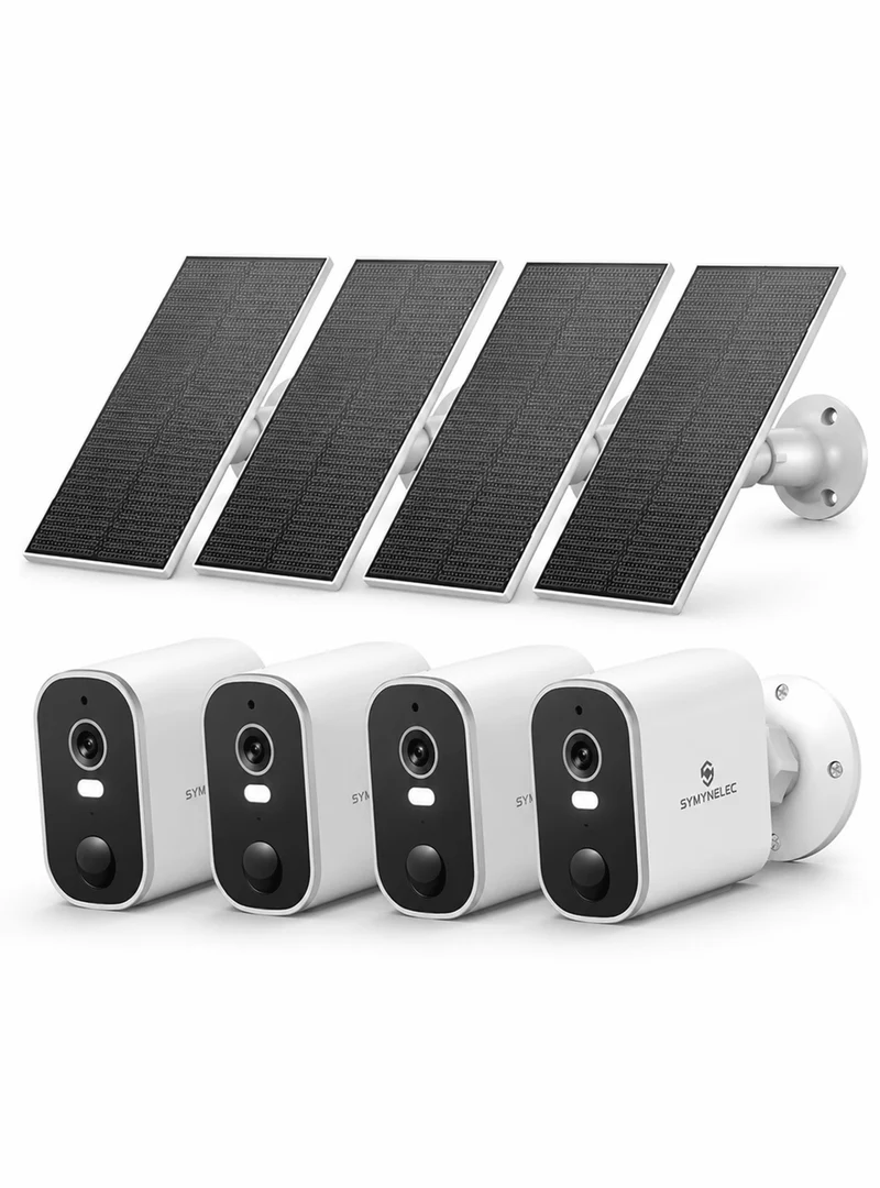 SYMYNELEC 2K Solar Security Cameras Wireless Outdoor, 4-Pack, No Monthly Fee, 100% Wire-Free, Color Night Vision, Person Detection, IP65 Waterproof, Compatible with Alexa, 2.4GHz WiFi