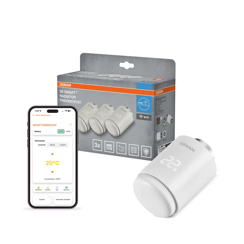 OSRAM SMART+ Termostato de calefacción inteligente con Wi-Fi, 4,5 V, blanco, paquete de 3, 2.ª generación
