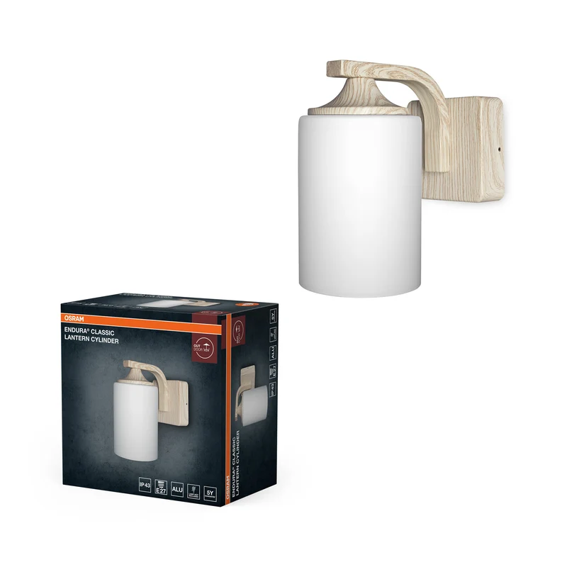 OSRAM ENDURA Classic aplique, acabado en madera, E27, IP43, carcasa de aluminio, difusor de cristal, apto para exteriores, sin bombilla.