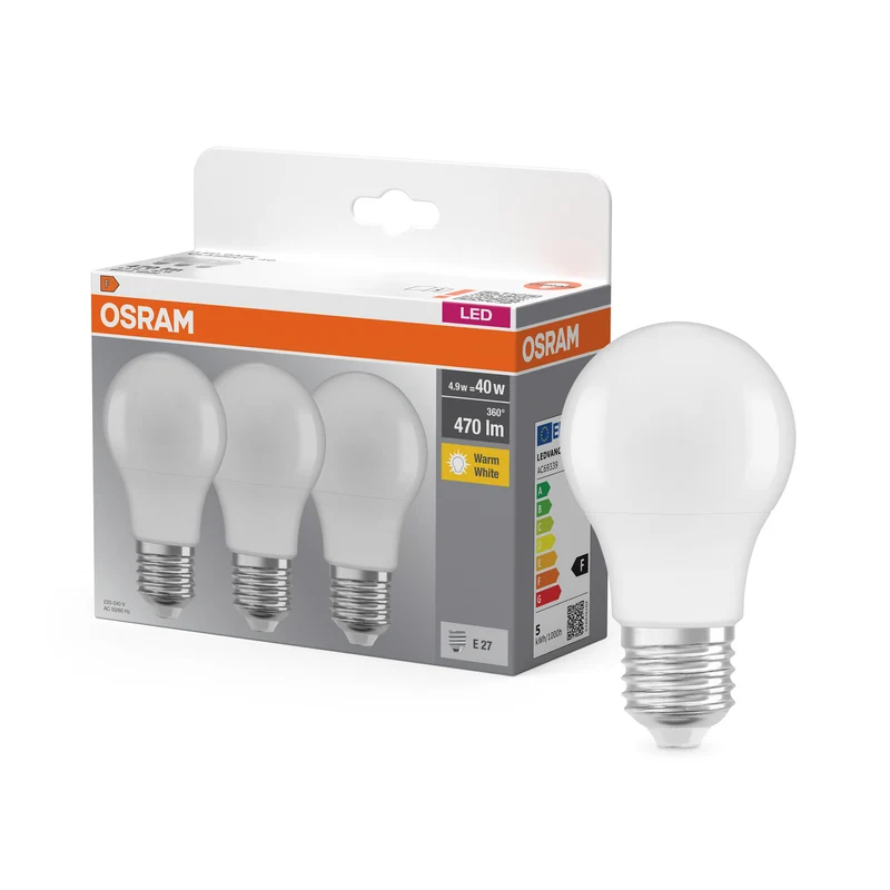 Lámpara LED OSRAM Basis Classic A 4,9 W 827 mate E27, paquete de 3