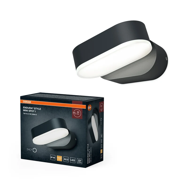 OSRAM ENDURA Style Mini-Spot: aplique LED para exterior, luminoso y funcional, en gris oscuro, con cabezal giratorio de 340°, protección IP44, ideal para iluminar la entrada