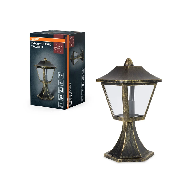 OSRAM ENDURA Classic Lámpara de exterior con carcasa de aluminio, negro y dorado, casquillo E27, IP44, 33 cm de altura, sin bombilla, ideal para exteriores