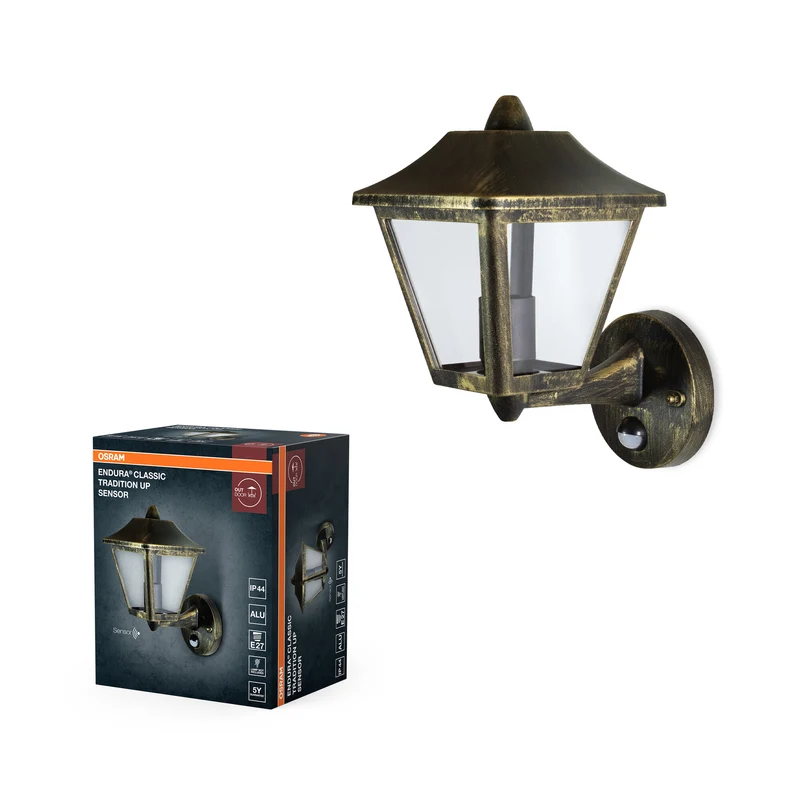 OSRAM ENDURA Classic Lámpara de techo con sensor, negro y dorado, E27, IP44, ideal para exteriores, máx. 60 W, sin bombilla