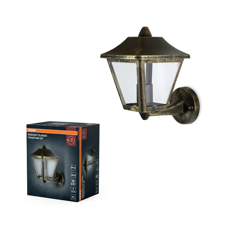 OSRAM ENDURA Classic aplique de exterior, aluminio negro y dorado, E27, IP44, apto para bombillas de hasta 60 W, sin bombilla