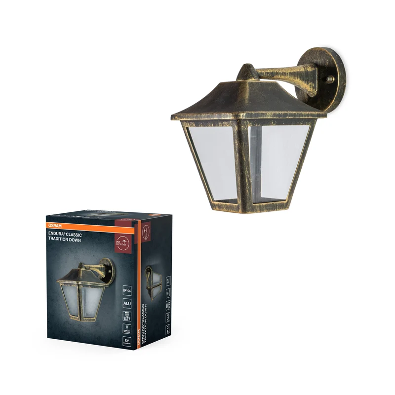 OSRAM ENDURA Classic aplique, casquillo E27, IP44, aluminio fundido a presión, negro y dorado, máx. 60 vatios, apto para exteriores