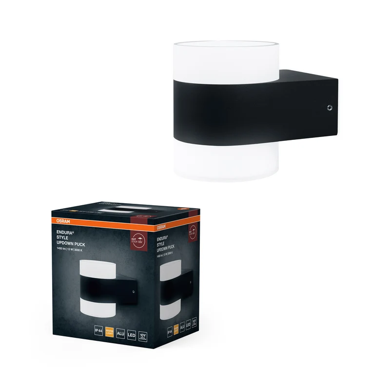 Aplique LED OSRAM UpDown Puck, blanco cálido 3000 K, para exterior, 13 W, luz hacia arriba y hacia abajo, IP44, 980 lm, aluminio fundido a presión, gris