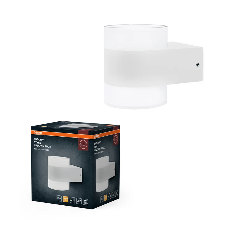 Aplique LED OSRAM UpDown Puck, blanco cálido 3000 K, para exterior, 13 W, luz hacia arriba y hacia abajo, IP44, 980 lm, aluminio fundido a presión, blanco
