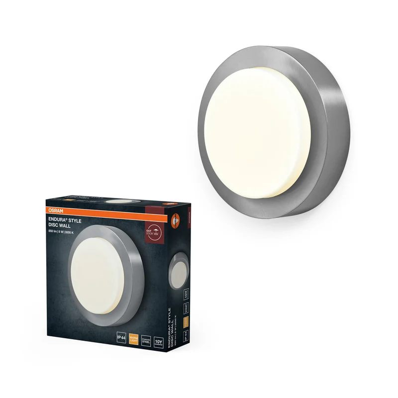 Lámpara de pared para exterior OSRAM ENDURA STYLE DISC, lámpara de pared LED redonda de acero inoxidable, luz indirecta, blanco cálido, 3000 K, IP44, 8 W