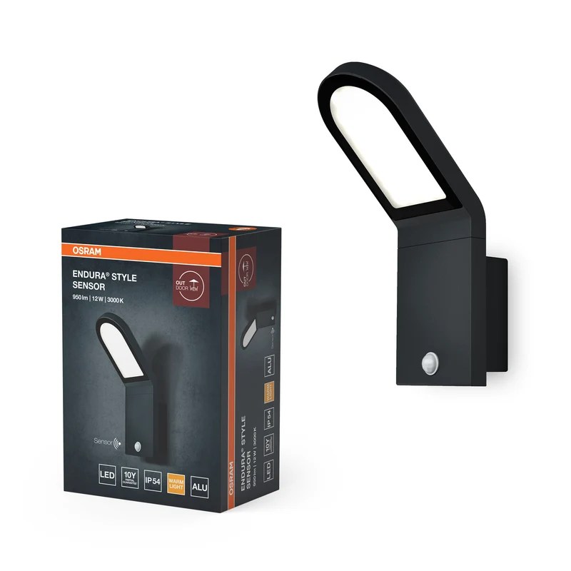 Lámpara de pared LED para exterior OSRAM ENDURA Style, de diseño estilizado, con gran potencia lumínica y sensor opcional en gris oscuro, protección IP44, ideal para iluminar entradas y fachadas