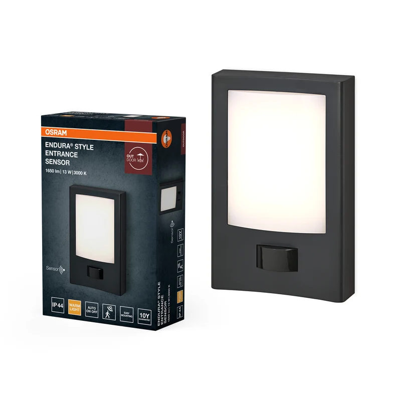 OSRAM ENDURA STYLE ENTRANCE Iluminación exterior, 13 W, 900 lm, lámpara de entrada, gris oscuro, detector de movimiento, sensor de luz natural, clase de protección IP44, temperatura de color 3.000 K, luz blanca cálida