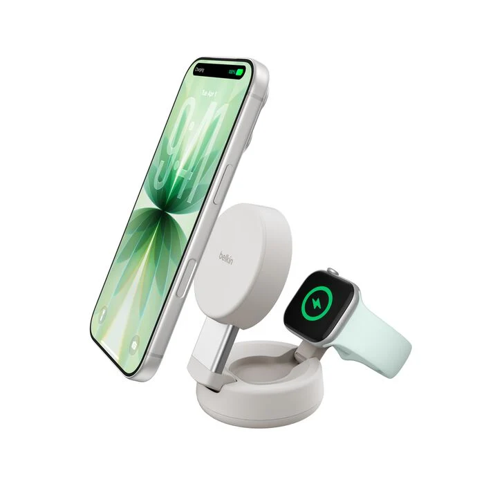 Cargador inalámbrico 2 en 1 Qi2 de 25 W con tecnología MagSafe UltraCharge Pro de Belkin - Arena