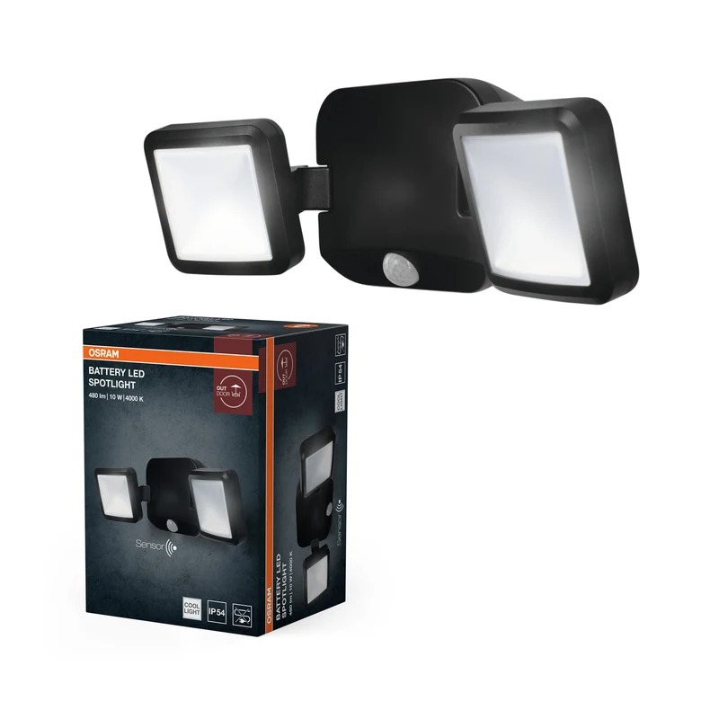 Foco con batería OSRAM, luz de exterior, negro, 10 W, 4000 K, IP54, sensor de luz y de movimiento, funciona con pilas, fácil de instalar, 480 lm