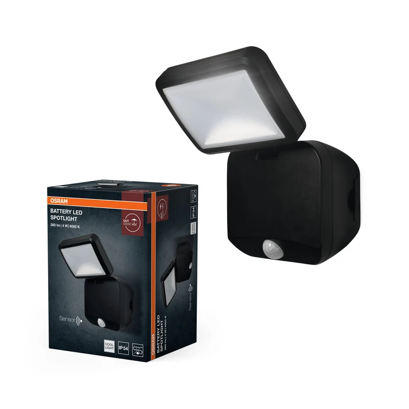 Lámpara de exterior OSRAM, foco LED a pilas, negro, 4 W, 4000 K, IP54, sensor de movimiento y de luz, funciona con pilas, fácil de instalar, 260 lm