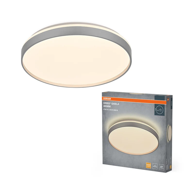 Lámpara de techo OSRAM Orbis Gisela, 485 mm, 36 W, 3000 K, blanco cálido, plateada