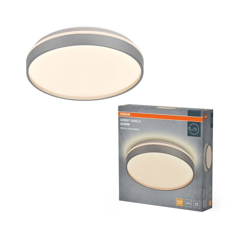 Lámpara de techo OSRAM Orbis Gisela, 385 mm, 24 W, 3000 K, blanco cálido, plateada