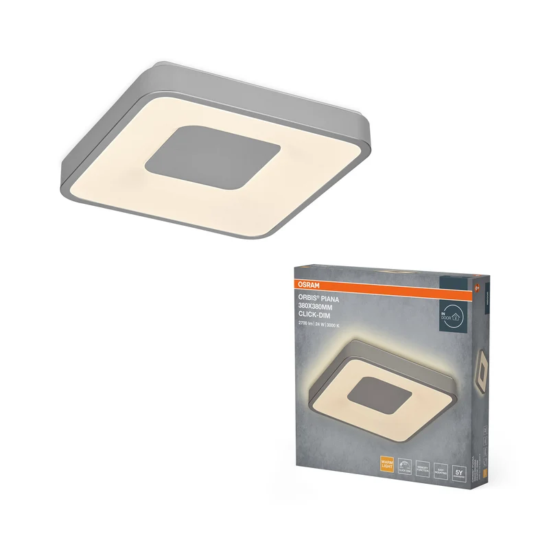 Lámpara de techo OSRAM Orbis Piana, 380 x 380 mm, 24 W, 3000 K, blanco cálido, regulable con Click, plateada