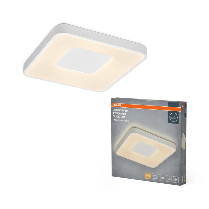 OSRAM Orbis Piana, 485 x 485 mm, 36 W, 3000 K, blanco cálido, regulable con Click, blanco