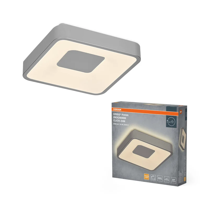 Lámpara de techo OSRAM Orbis Piana, 290 x 290 mm, 16 W, 3000 K, blanco cálido, regulable por clic, plateada