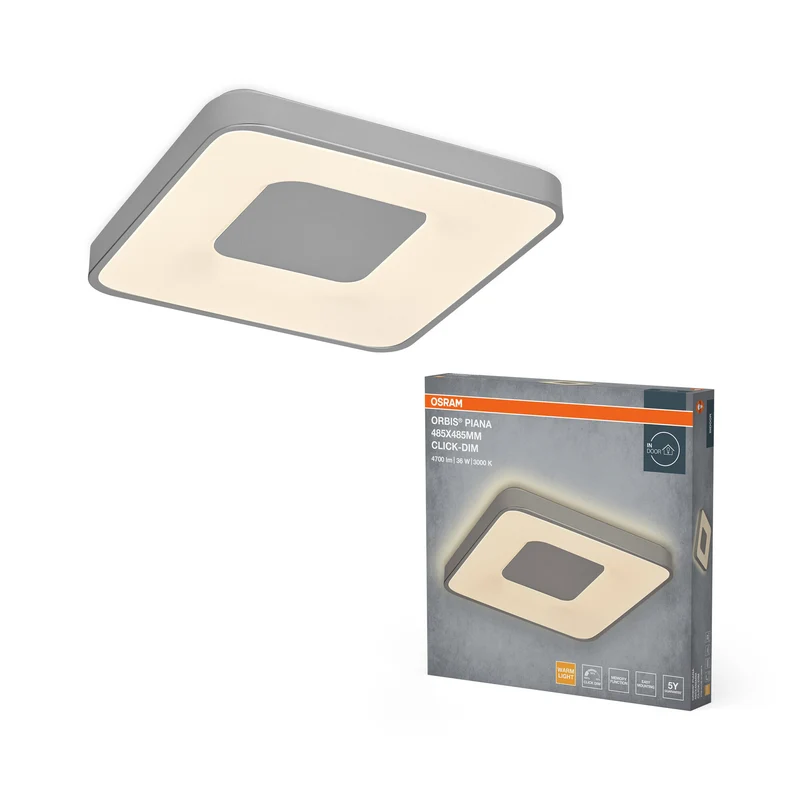 Lámpara de techo OSRAM Orbis Piana, 485 x 485 mm, 36 W, 3000 K, blanco cálido, regulable con Click, plateada