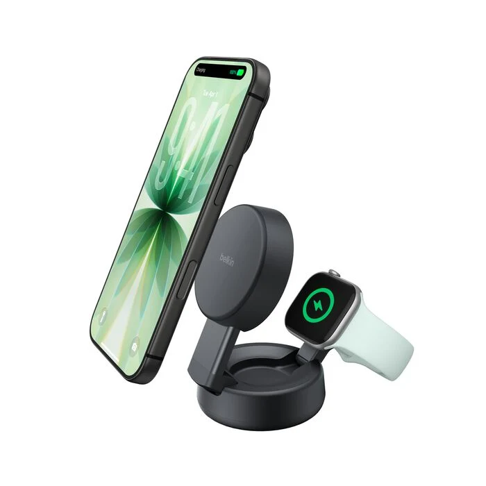 Cargador inalámbrico 2 en 1 Qi2 de 25 W con tecnología MagSafe UltraCharge Pro de Belkin - Antracita