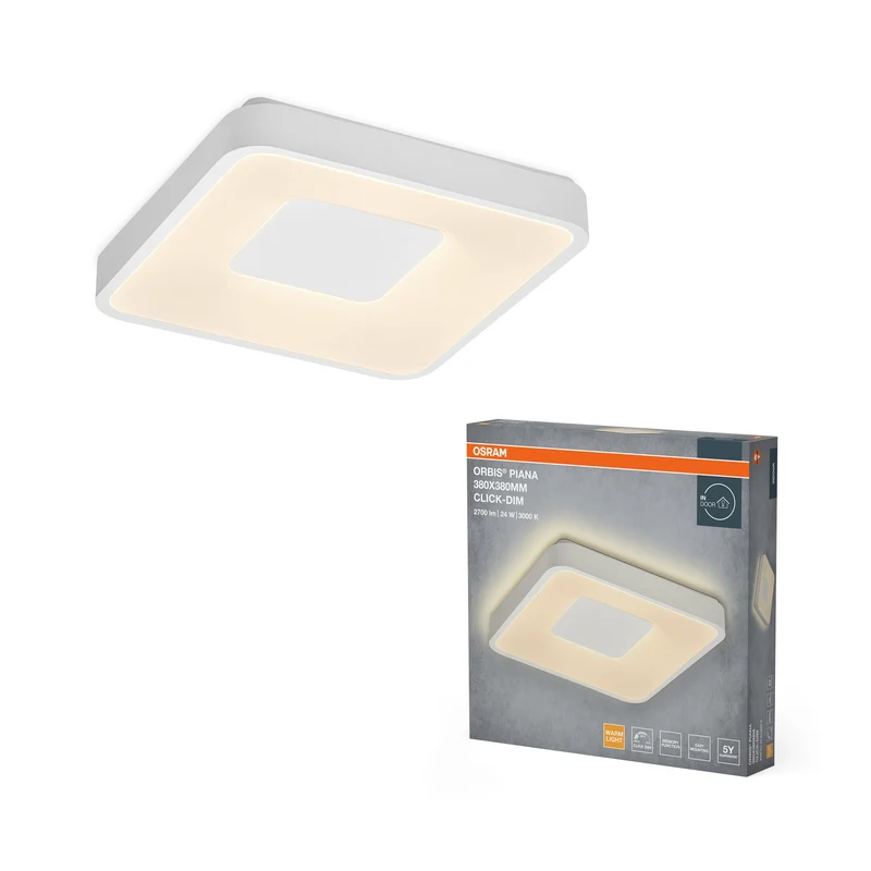 Lámpara de techo OSRAM Orbis Piana, 380 x 380 mm, 24 W, 3000 K, blanco cálido, regulable con Click, blanco