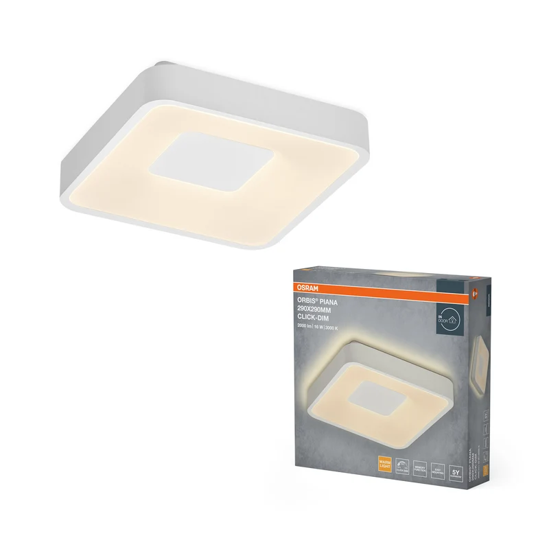 Lámpara de techo OSRAM Orbis Piana, 290 x 290 mm, 16 W, 3000 K, blanco cálido, regulable por clic, blanco