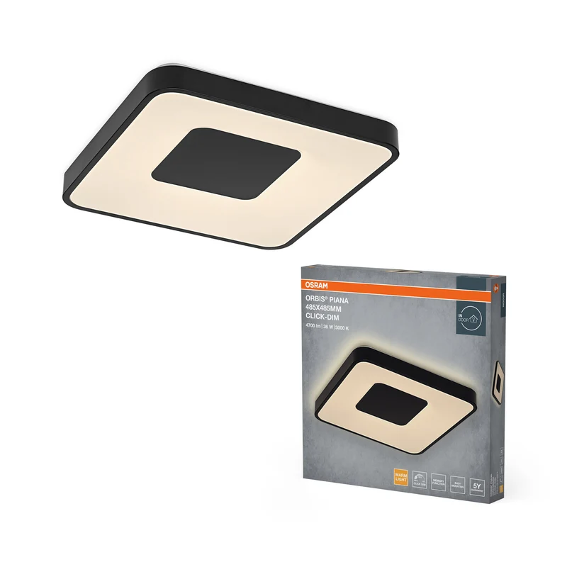 Lámpara de techo OSRAM Orbis Piana, 485 x 485 mm, 36 W, 3000 K, blanco cálido, regulable con Click, negro