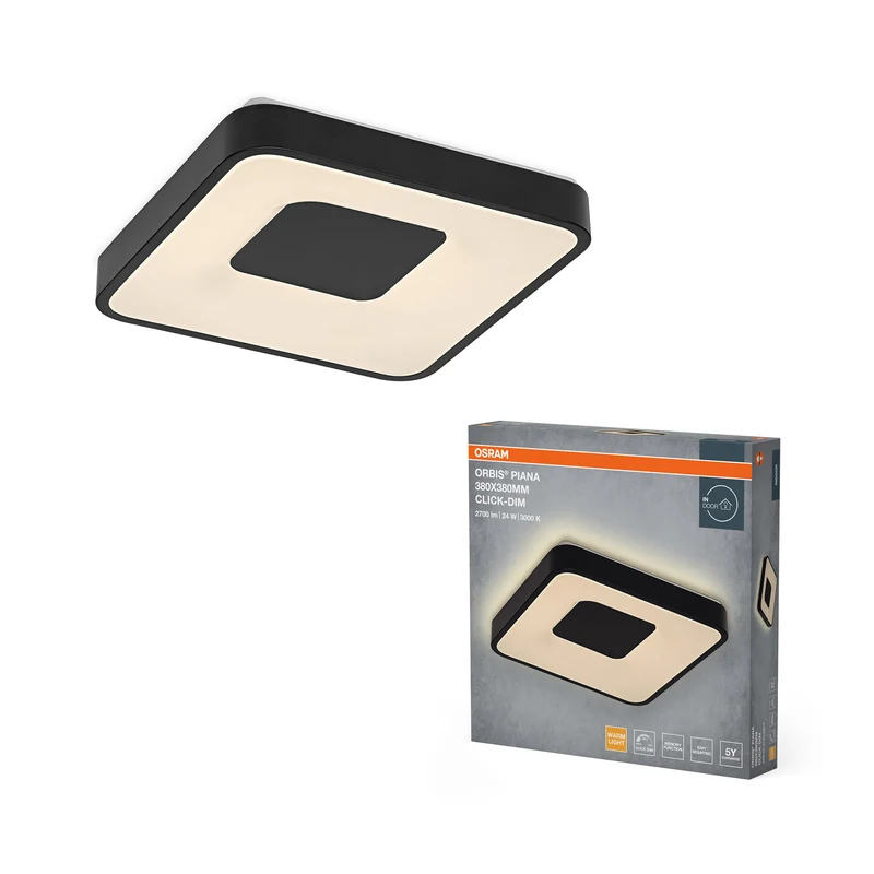 OSRAM Orbis Piana Blanco cálido, lámpara de techo LED, 380 x 380 mm, 24 W, 3000 K, blanco cálido, regulable con Click, negro