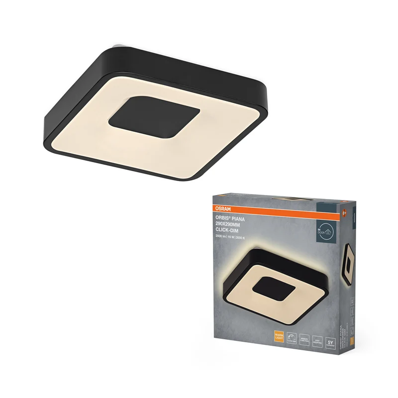 Lámpara de techo OSRAM Orbis Piana, 290 x 290 mm, 16 W, 3000 K, blanco cálido, regulable por clic, negro