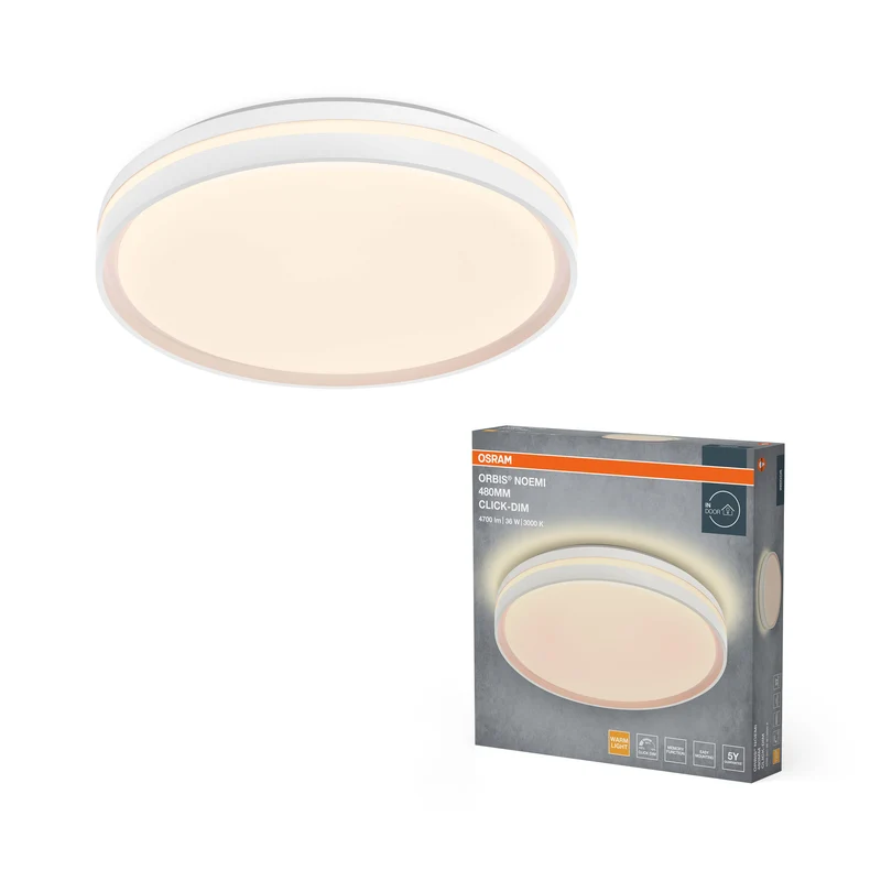 Lámpara de techo OSRAM Orbis Noemi, 480 mm, 36 W, 3000 K, blanco cálido, regulable con Click, blanco