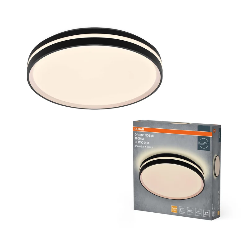 Lámpara de techo OSRAM Orbis Noemi, 36 W, 3000 K, blanco cálido, regulable con Click, negro