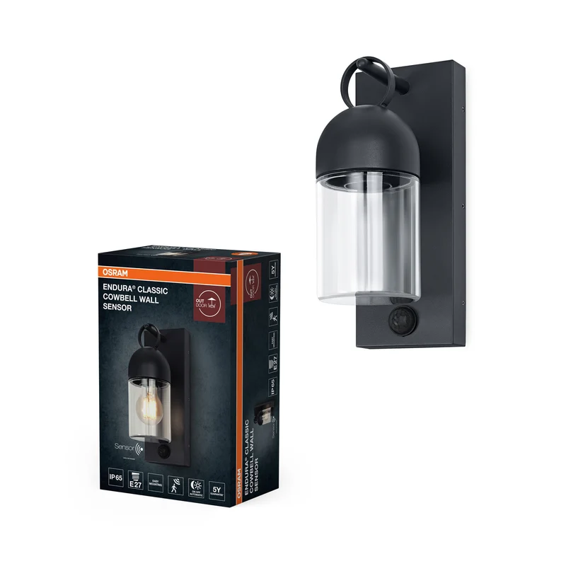 Lámpara de pared para exterior OSRAM, gris oscuro, E27, IP65, cristal, aluminio, sensor de movimiento PIR, sensor de luz natural, 25 000 h de vida útil, 0-40 W