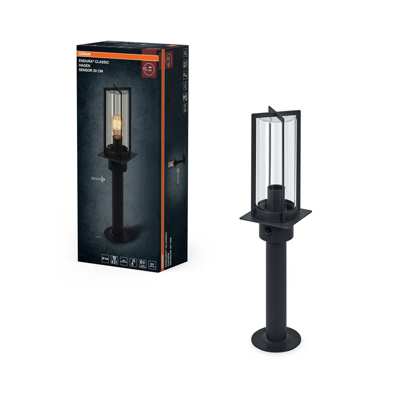 Lámpara de paso OSRAM, gris oscuro, E27, 50 cm, IP44, cubierta de cristal, sensor de movimiento PIR, 220–240 V, 0-40 W, 25 000 h de vida útil, IK03