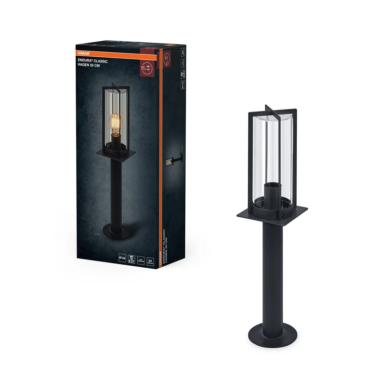 ENDURA Classic Lámpara de exterior Hagen, gris oscuro, 50 cm, casquillo E27, IP44, 25 000 h de vida útil, carcasa de aluminio, cubierta de cristal, 220–240 V CA