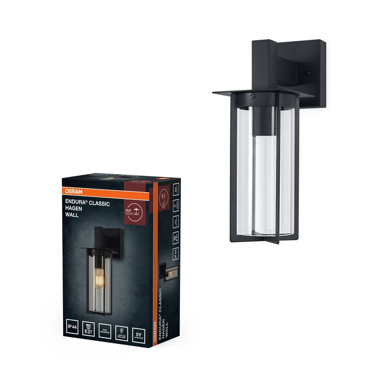 Lámpara de pared para exterior OSRAM, gris oscuro, casquillo E27, IP44, 0–40 W máx., cubierta de cristal, carcasa de acero, 321 mm de altura, 187 mm de anchura, 25 000 h de vida útil