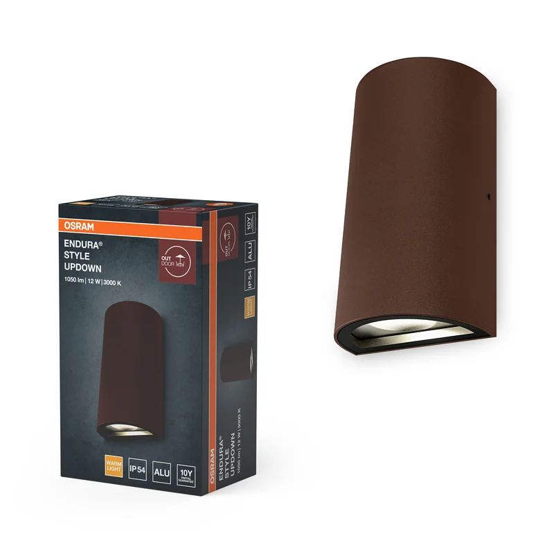 Aplique de exterior ENDURA Style UpDown, color óxido, 12 W, 700 lm, 3000 K, ángulo de haz de 100°, vida útil de 30 000 h, IP54, carcasa de aluminio, cubierta de cristal, 160 mm de altura