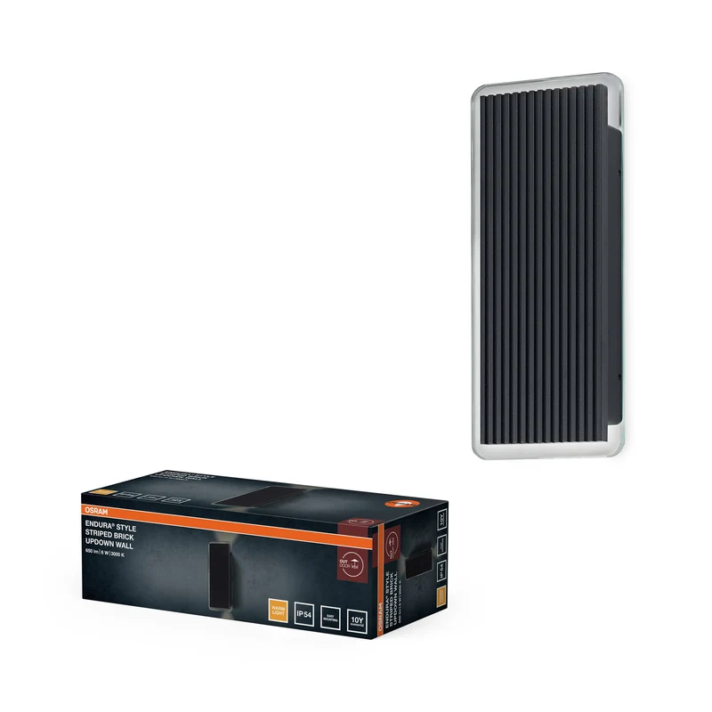 Lámpara de pared para exterior OSRAM, gris oscuro, 6 W, 480 lm, 3000 K, ángulo de haz de 210°, IP54, 50 000 h de vida útil, aluminio, cristal, emisión de luz indirecta, IK06, 86 x 61 x 200 mm