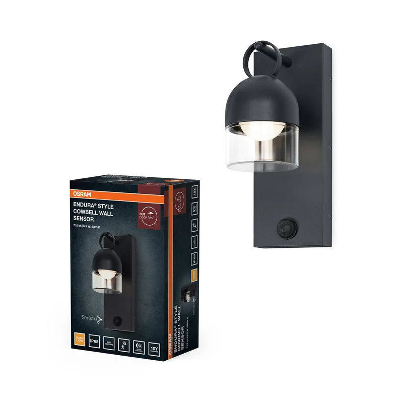 Lámpara de pared para exterior OSRAM, gris oscuro, 6,5 W, 400 lm, 3000 K, ángulo de haz de 110°, IP65, 50 000 h de vida útil, sensor de movimiento PIR, cristal, aluminio