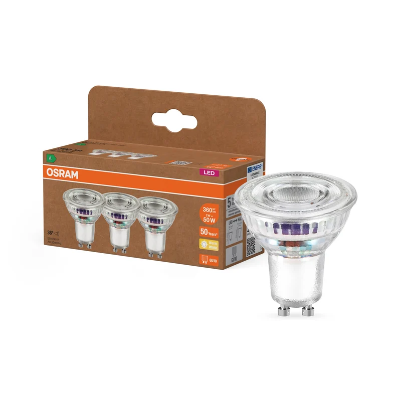 OSRAM LED formato PAR16, foco LED, 2 W, (antes 50 W), 360 lm, blanco cálido, 2700 K, clase de eficiencia energética: A, 50 000 h, paquete de 3