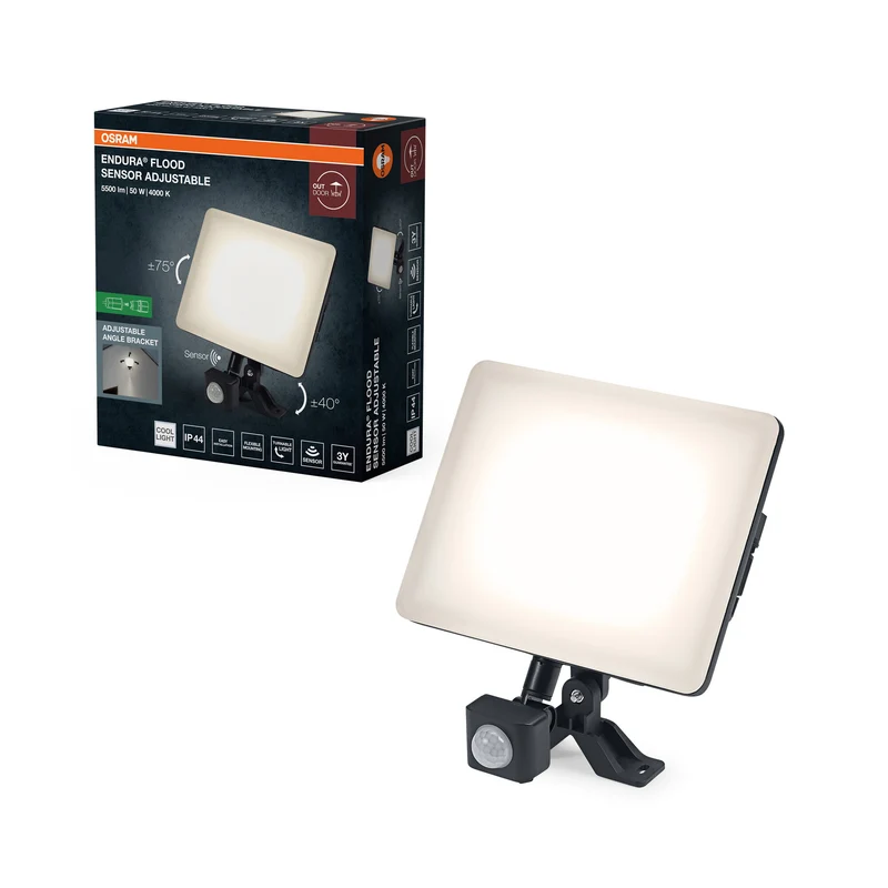 Proyector LED ajustable OSRAM ENDURA Flood Sensor, 50 W, 4250 lm, 4000 K (blanco frío), sensor de movimiento, negro, aluminio, IP44