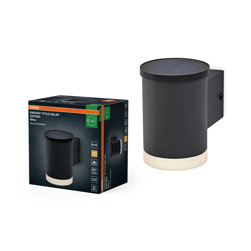 Lámpara de exterior OSRAM ENDURA STYLE SOLAR OXFORD, 0,5 W, 50 lm, aplique, gris oscuro, iluminación indirecta, batería recargable, clase de protección IP44, temperatura de color de 3.000 K, luz blanca cálida