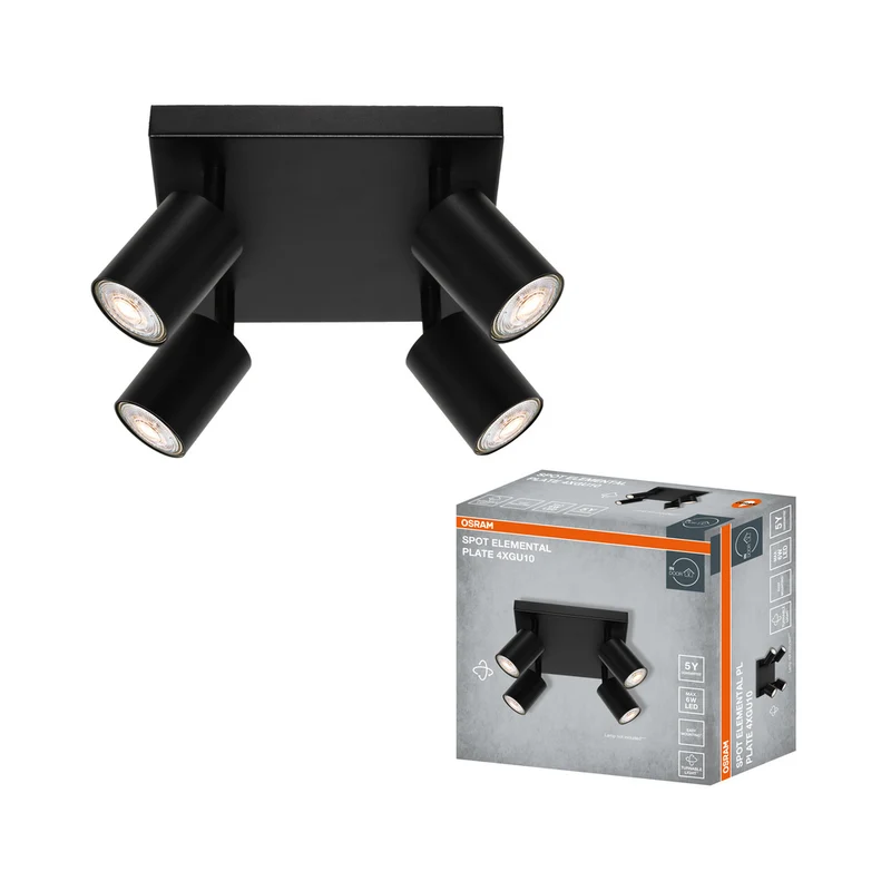 Foco LED OSRAM ELEMENTAL Plate Black de 4 puntos, luz, 4xGU10, negro, 21 x 13,8 x 21 cm