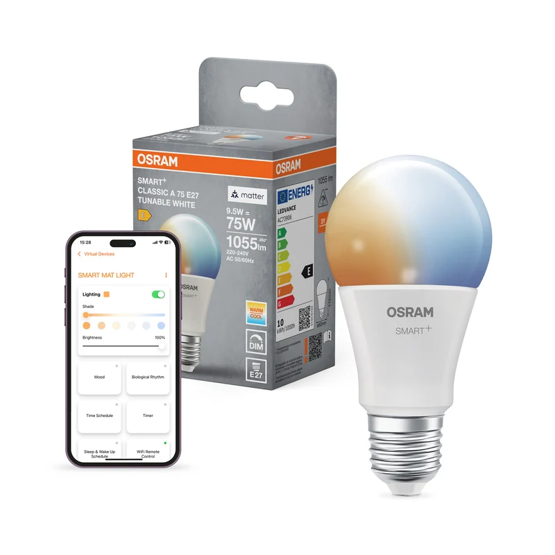 OSRAM SMART+ MATTER Classic formas Blanco regulable en forma de A, lámpara LED, mate, 9,5 W, (antes 75 W), 1055 lm, Temperatura de color regulable , Matter, compatible con altavoces inteligentes, regulable