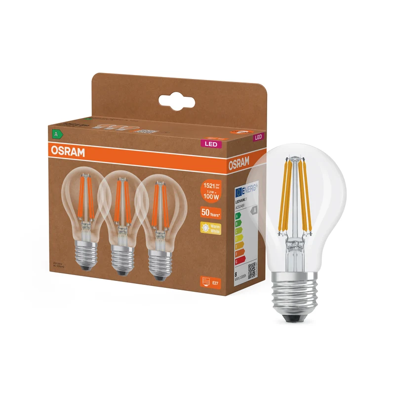 LÁMPARAS LED DE OSRAM, CLASE ENERGÉTICA A, EFICIENCIA ENERGÉTICA FILAMENTO CLÁSICO A en forma de A, lámpara LED, cristal transparente, 7,2 W, 1521 lm, 2700 K, clase de eficiencia energética: A, CRI 80