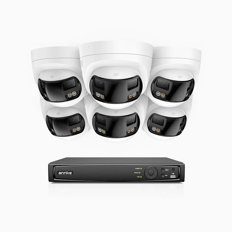 FDH800 - Kit de 6 cámaras de vigilancia PoE de 4K con videograbador NVR de 8 canales, panorámica doble lente, visión nocturna inteligente con doble luz, audio bidireccional, sirena y alarma activas, detección de personas y vehículos, IP67