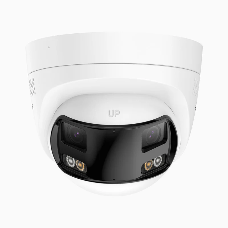 FCD800 - Cámara de seguridad panorámica de 4K doble lente PoE para exteriores, vista panorámica de 180°, visión nocturna inteligente en color, disuasión activa y audio bidireccional