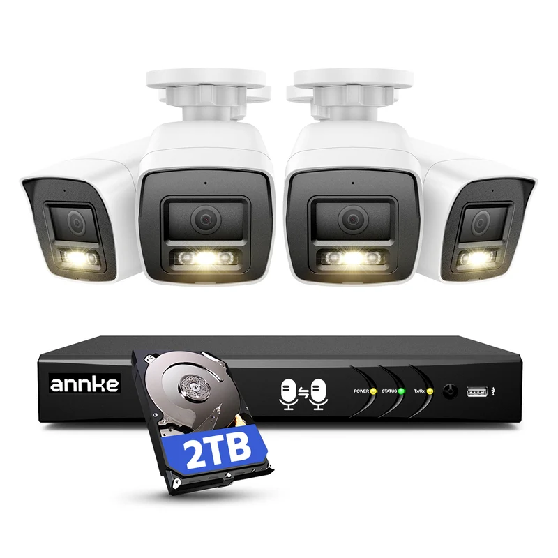 ANNKE 1080P Sistema de Seguridad con Audio Bidireccional, DVR 8CH 3K Lite con 2TB HDD para Grabación 24/7, 4 Cámaras CCTV Cableadas 2MP con Visión Nocturna en Color y Detección de Movimiento por IA