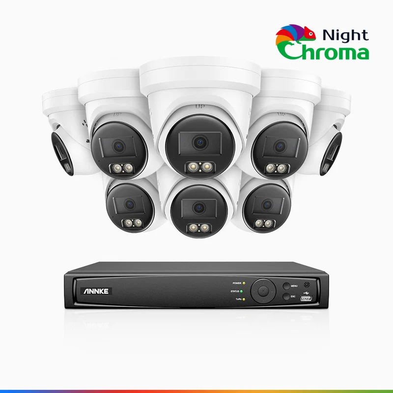 NightChroma TM NBRK800 - Kit de 8 cámaras de vigilancia PoE de 4K 12MP con videograbador NVR de 8 canales, luces intermitentes rojas y azules con sirena, 3840*2160@25 fps, detección de personas y vehículos, audio bidireccional, IP67